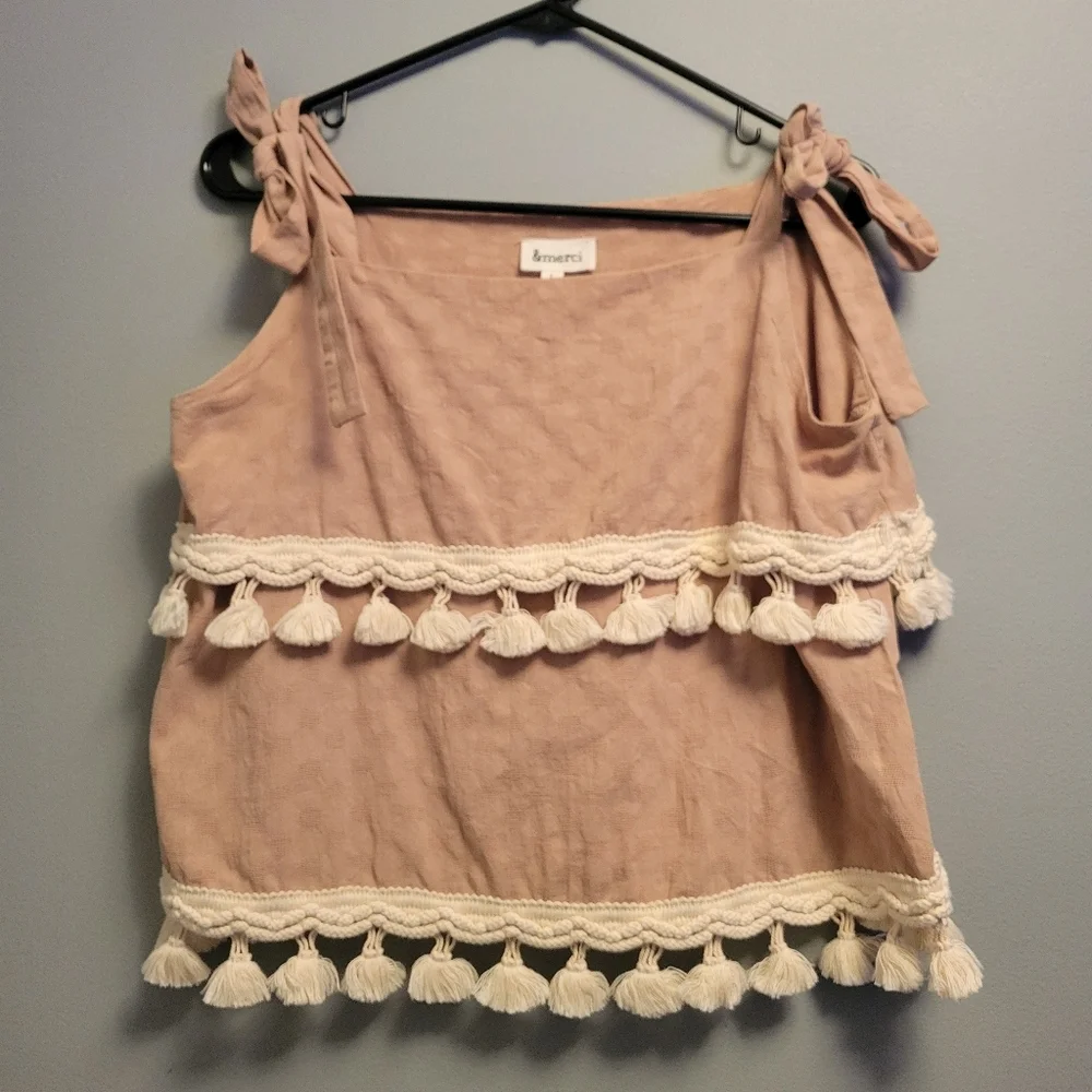 &Merci Boho Cotton Knit Tassel Tie Strap Top Women’s Large Beach Rot - Picture 3 of 8